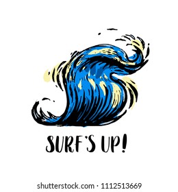 Summer card. Sketch of wave. Vintage engraved illustration isolated on white background. Template for label, poster, postcard, invitation, flyer, logo, web. Surf's up lettering