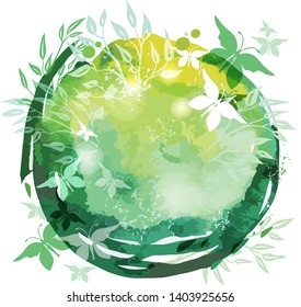 Summer card with sketches plants and butterflies on Watercolor background