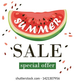 Summer card with a slice of watermelon and the text "summer sale". Banner, poster, promotional material. Vector illustration.