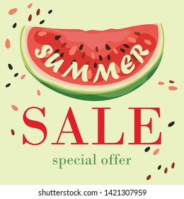 Summer card with a slice of watermelon and the text "summer sale". Banner, poster, promotional material. Vector illustration.