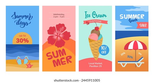 Summer card or story design template set. Beach and sea vacation travel theme. Vibrant graphics for summer offer, greeting, ads.