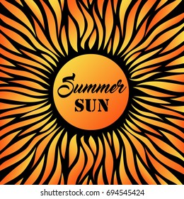 Summer Card with Sun and Text on a Black Background. Vector Illustration. Flat Style. Sunrise and Sunset. Decorative Summer Design. Cards, Posters, Banners