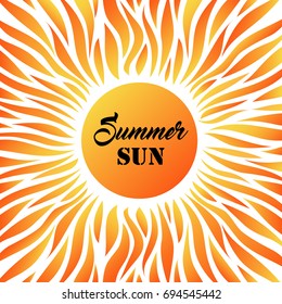 Summer Card with Sun and Text on a White Background. Vector Illustration. Flat Style. Sunrise and Sunset. Decorative Summer Design. Cards, Posters, Banners