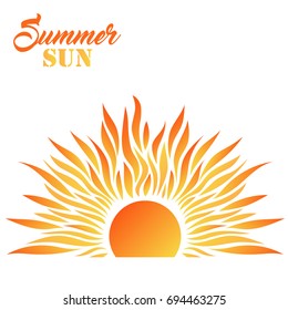 Summer Card with Sun and Text. Vector Illustration. Flat Style. Sunrise and Sunset. Decorative Summer Design.