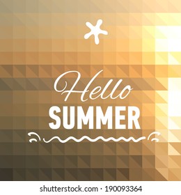Summer card with sunset background and designed text. Vector illustration.