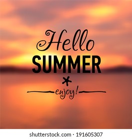 Summer card with sunset background and designed text. Vector illustration.