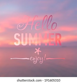 Summer card with sunset background and designed text. Vector illustration.