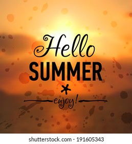 Summer card with sunset background and designed text. Vector illustration.