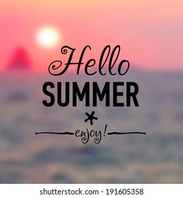 Summer card with sunset background and designed text. Vector illustration.