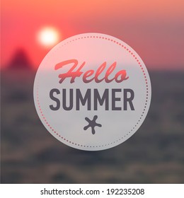 Summer card with sunset background and designed text. Vector illustration.