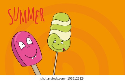 Summer card. Tasty smiling happy ice creams. Original hand drawn illustration of refreshment in hot weather. Copy space for your text.