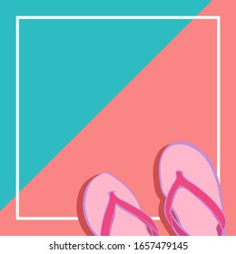 Summer card template with flip-flops,shadow,white frame and place for text in the middle.Modern vector illustration with copy space. Hand drawn style. Trendy blue and pink colors.Design element for ad