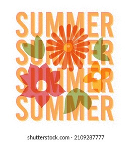 Summer Card Template With Riso Effect. Word SUMMER And Flowers Over White Background. Risograph Style Vector Design.