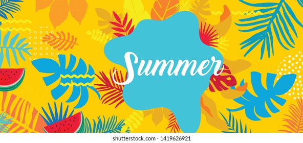 Summer card template, travel and holiday ads, colorful tropical poster design vector illustration. Advertising material with tropical jungle leaves and flowers