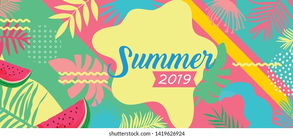 Summer card template, travel and holiday ads, colorful tropical poster design vector illustration. Advertising material with tropical jungle leaves and flowers