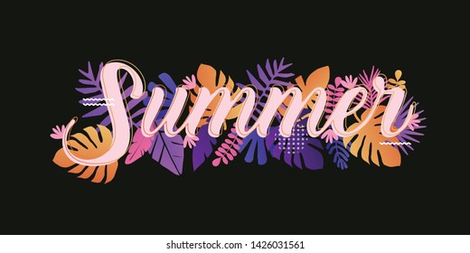 Summer card template, travel and holiday ads and banners, colorful tropical poster design vector illustration. Advertising material with tropical jungle leaves and flowers