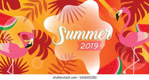 Summer card template, travel and holiday ads and banners, colorful tropical poster design vector illustration. Advertising material with tropical jungle leaves and flamingos
