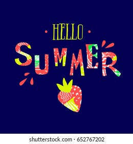 Summer card with text Hello Summer and strawberry on dark background. Cartoon style. Vector .