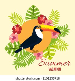 Summer card with tropical bird toucan on floral background. Vector illustration