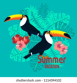 Summer card with tropical bird toucan on floral background. Vector illustration