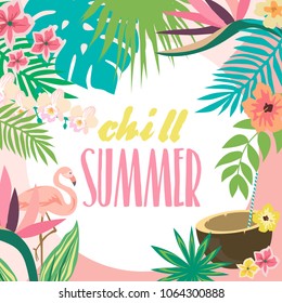 Summer card with tropical elements. Vector illustration