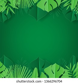 Summer card with tropical leaves. Vector illustration with tropical leaves in paper cut style on green background.