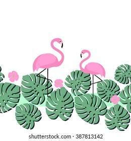 Summer card with tropical palm leaves and flamingo. Seamless tape design. Bright summer design with space for text. Pink flamingos and green palm leaves illustration. 