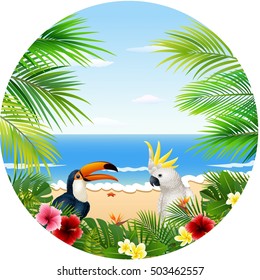 Summer card with tropical plant and bird

