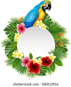 Summer card with tropical plant and parrot