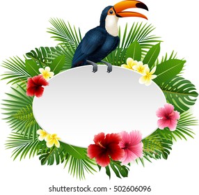 Summer card with tropical plant and toucan