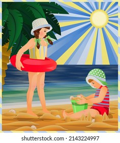 Summer card, Two little children playing on the beach. vector illustration