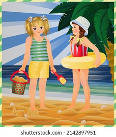 Summer card, two little girls on the beach. vector illustration