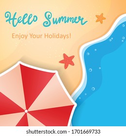 Summer card with umbrella and beach. Umbrella not cut, using clipping mask