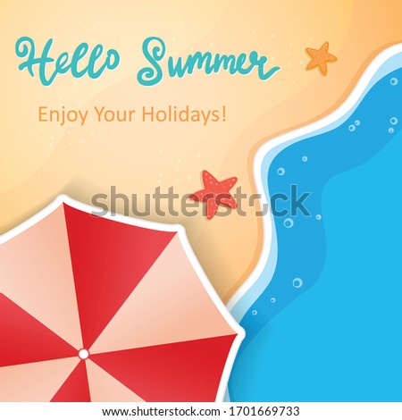Summer card with umbrella and beach. Umbrella not cut, using clipping mask
