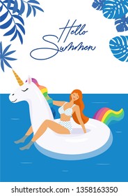 Summer card with unicorn inflatable pool float and girl in swimsuit  Vector illustration.