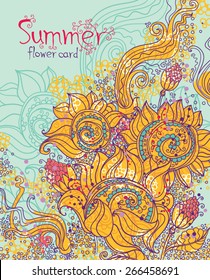 Summer card in vector. Hand Drawn sunflowers.