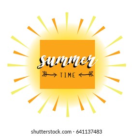 Summer card vector illustration. Abstract sun rays shine Lettering calligraphy. Summer time
