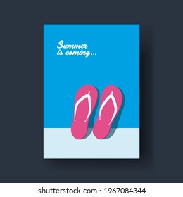 Summer card vector template with minimal design eps10 illustration. Symbol of vacation, relax. Flip flops against the wall.