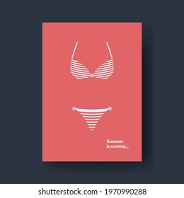 Summer card vector template with minimal design illustration. Symbol of vacation, relax. Woman bikini symbol, eps10 illustration.