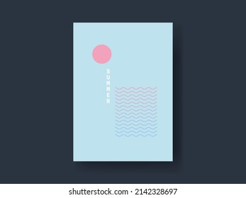 Summer card vector template. Modern abstract symbol, sun over ocean with waves. Minimal design eps10 illustration.