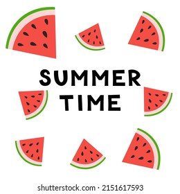 Tarjeta de verano Pieza de sandía. El concepto de frutas y bayas de verano. Ilustración vectorial para diseño web, tarjetas de regalo, banner, publicidad, promoción.