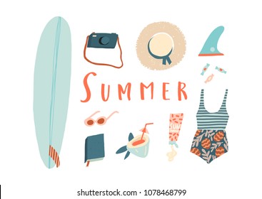 Summer card with women beach holiday objects. Surfing card and poster