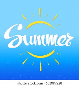 Summer card with yellow sun on blue background. Handwritten banner, logo, label or badge. Hand lettering typography poster. Vector Illustration