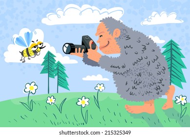 Summer card with yeti photographer