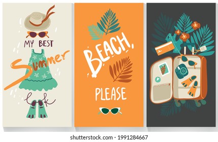 Summer cards about traveling and vacation with hand lettering.