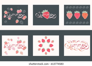 Summer cards: beautiful hand drawn Strawberry patterns, lettering "Summer". Vector design elements.