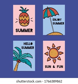 Summer cards collection. Hand drawn cards. Summer time