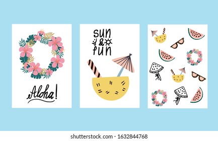 Summer cards with different elements and text, such as a Hawaiian wreath, cocktail, sunglasses, watermelon.