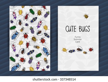 Summer cards with funny insects. Drawing pattern with bugs and grey leaves. Place for your text. Template frame design for banner, placard, layout. Cartoon bug wallpaper