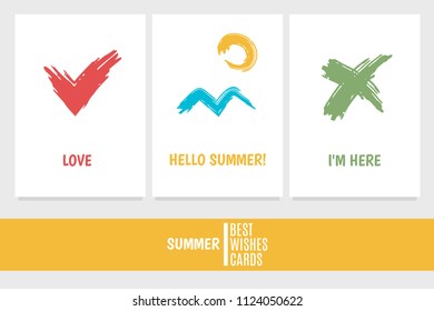Summer cards with hearts, waves, sun and cross. Inscriptions: "Love", "Hello Summer!", "I'm here".